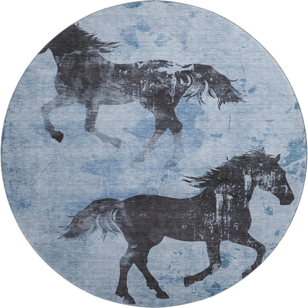 HomeRoots 8' Stylish Denim Blue & Charcoal Animal Print Round Rug - Washable, UV Protected, Pet-Friendly Design 698959