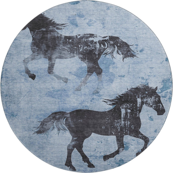 HomeRoots 8' Stylish Denim Blue & Charcoal Animal Print Round Rug - Washable, UV Protected, Pet-Friendly Design 698959