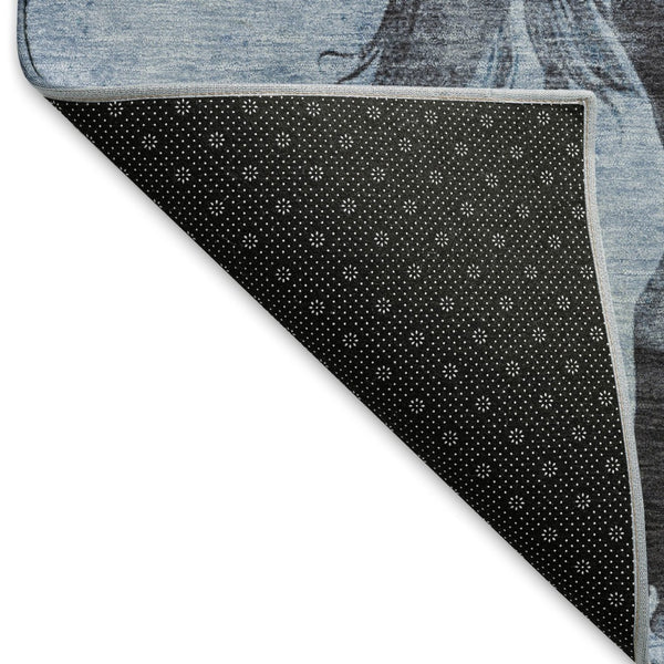 HomeRoots 8' Stylish Denim Blue & Charcoal Animal Print Round Rug - Washable, UV Protected, Pet-Friendly Design 698959