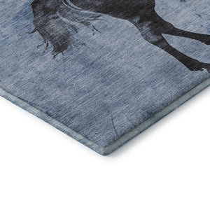 HomeRoots 8' Stylish Denim Blue & Charcoal Animal Print Round Rug - Washable, UV Protected, Pet-Friendly Design 698959