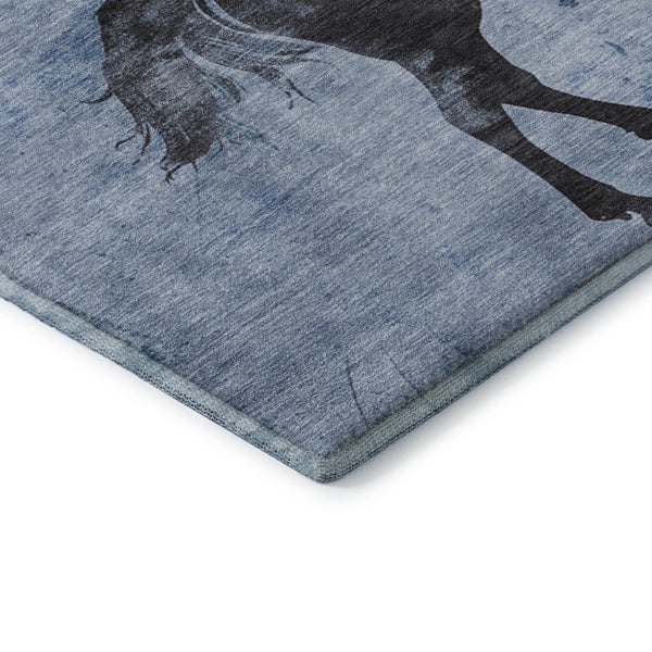 HomeRoots 8' Stylish Denim Blue & Charcoal Animal Print Round Rug - Washable, UV Protected, Pet-Friendly Design 698959