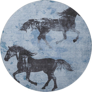HomeRoots 8' Stylish Denim Blue & Charcoal Animal Print Round Rug - Washable, UV Protected, Pet-Friendly Design 698959