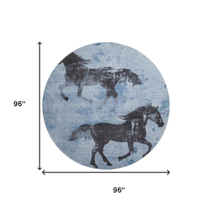 HomeRoots 8' Stylish Denim Blue & Charcoal Animal Print Round Rug - Washable, UV Protected, Pet-Friendly Design 698959