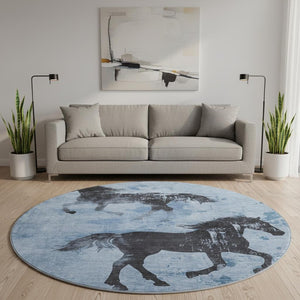 HomeRoots 8' Stylish Denim Blue & Charcoal Animal Print Round Rug - Washable, UV Protected, Pet-Friendly Design 698959