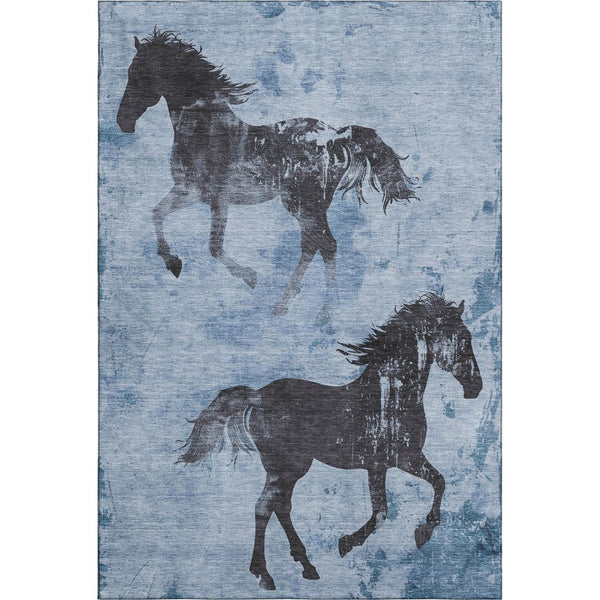 HomeRoots 8' X 10' Washable Denim Blue & Charcoal Animal Print Area Rug with UV Protection for Busy Homes 698960