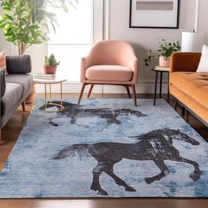 HomeRoots 8' X 10' Washable Denim Blue & Charcoal Animal Print Area Rug with UV Protection for Busy Homes 698960