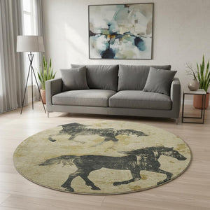 HomeRoots 8' Gold and Charcoal Animal Print Round Rug - Washable, Stain-Resistant, UV-Protected & Durable Design 698965