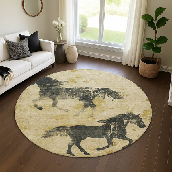HomeRoots 8' Gold and Charcoal Animal Print Round Rug - Washable, Stain-Resistant, UV-Protected & Durable Design 698965
