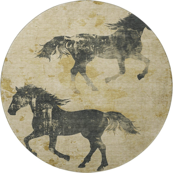 HomeRoots 8' Gold and Charcoal Animal Print Round Rug - Washable, Stain-Resistant, UV-Protected & Durable Design 698965