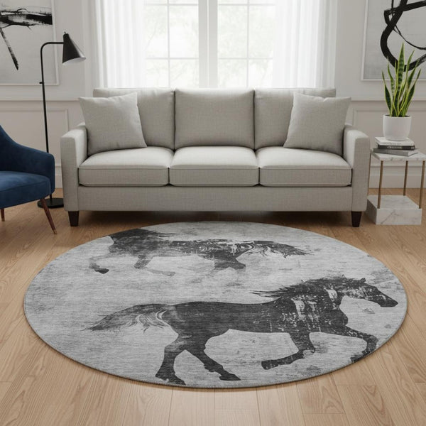 HomeRoots 8' Contemporary Gray Silver Charcoal Animal Print Washable Round Rug with UV Protection & Durability 698971