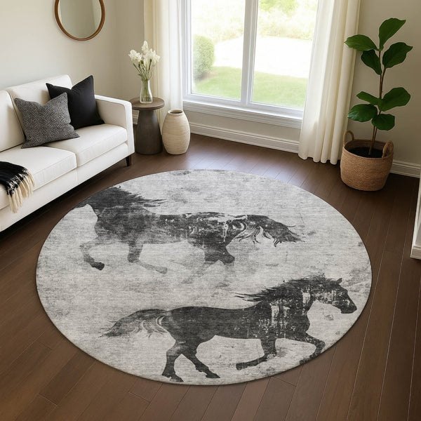 HomeRoots 8' Contemporary Gray Silver Charcoal Animal Print Washable Round Rug with UV Protection & Durability 698971