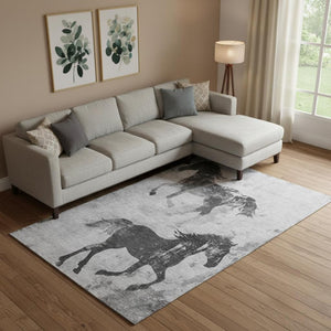 HomeRoots 9' X 12' Gray Silver Charcoal Animal Print Washable Area Rug with UV Protection for Family Living 698973