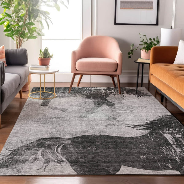 HomeRoots 9' X 12' Gray Silver Charcoal Animal Print Washable Area Rug with UV Protection for Family Living 698973