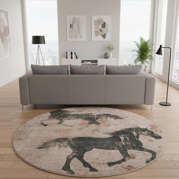 HomeRoots 8' Washable Round Rug with Rust and Charcoal Animal Print - UV Protected, Durable, and Stylish Décor 698977