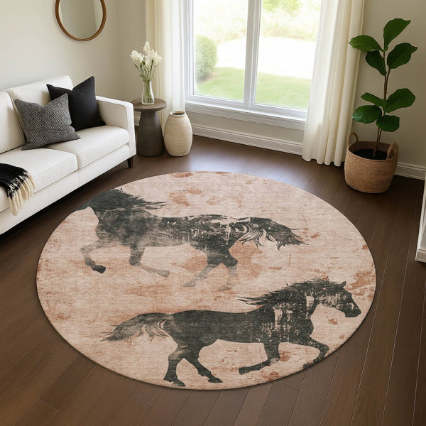 HomeRoots 8' Washable Round Rug with Rust and Charcoal Animal Print - UV Protected, Durable, and Stylish Décor 698977