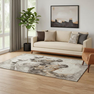 HomeRoots 5' Washable Beige Ivory and Gray Animal Print Area Rug with UV Protection for High-Traffic Areas 698982