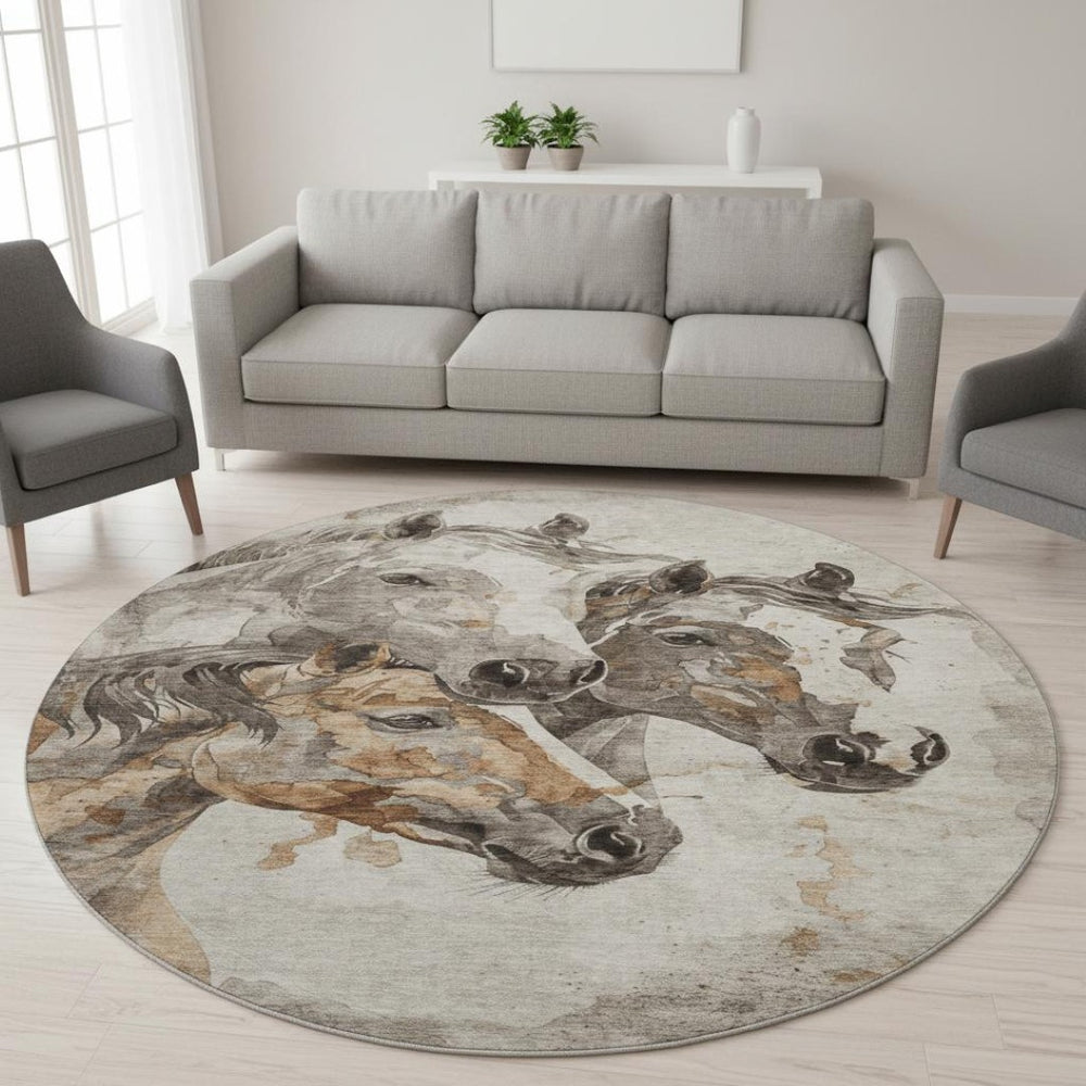 HomeRoots 8' Stylish Washable Round Rug in Beige Ivory Gray Animal Print – UV Protected & Family-Friendly Design 698983