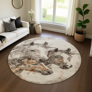HomeRoots 8' Stylish Washable Round Rug in Beige Ivory Gray Animal Print – UV Protected & Family-Friendly Design 698983