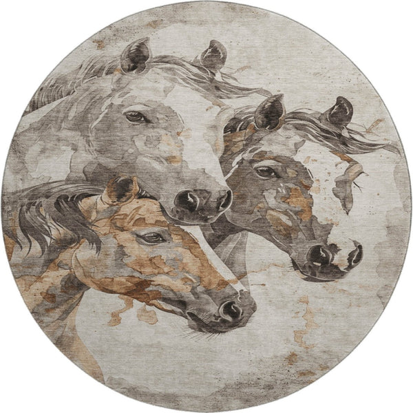 HomeRoots 8' Stylish Washable Round Rug in Beige Ivory Gray Animal Print – UV Protected & Family-Friendly Design 698983