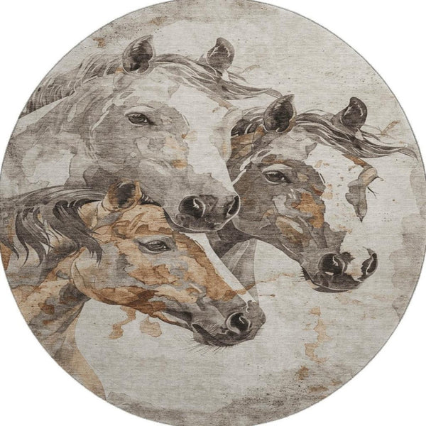 HomeRoots 8' Stylish Washable Round Rug in Beige Ivory Gray Animal Print – UV Protected & Family-Friendly Design 698983
