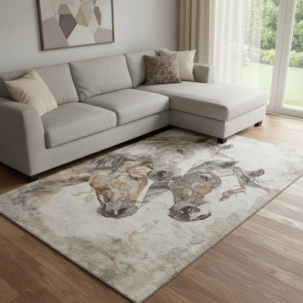 HomeRoots 8' X 10' Stylish Beige Ivory Gray Animal Print Rug – Washable, Stain-Resistant, UV Protected Decor 698984