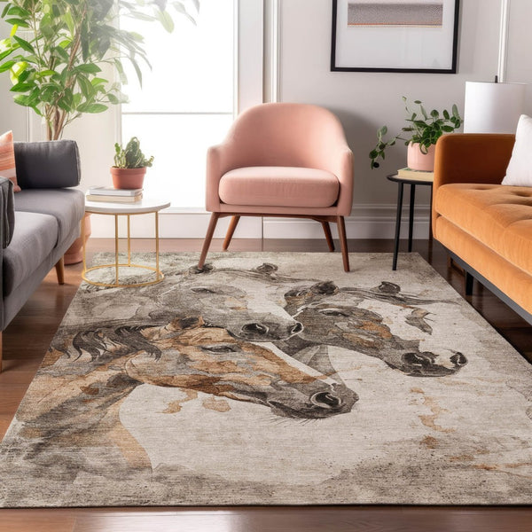 HomeRoots 10' X 14' Stylish Beige, Ivory, & Gray Animal Print Area Rug - Washable, UV Protected, Pet Friendly! 698986