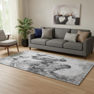 HomeRoots 5' X 8' Gray Silver Ivory Animal Print Area Rug – Stylish, Washable, UV-Protected & Non-Slip Design 698988