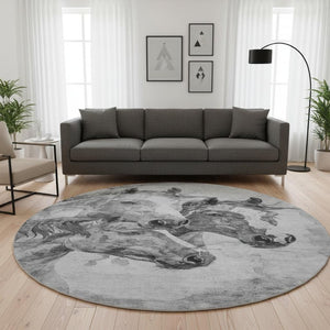 HomeRoots 8' Stylish Gray Silver and Ivory Animal Print Round Rug - Washable, UV Protected, Family-Friendly Design 698989