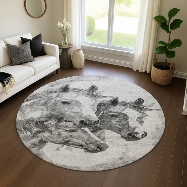 HomeRoots 8' Stylish Gray Silver and Ivory Animal Print Round Rug - Washable, UV Protected, Family-Friendly Design 698989