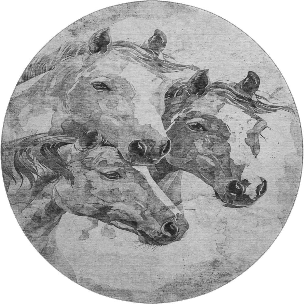HomeRoots 8' Stylish Gray Silver and Ivory Animal Print Round Rug - Washable, UV Protected, Family-Friendly Design 698989