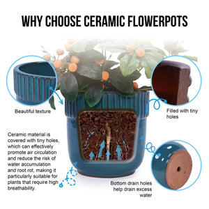 English Elm 3 Pieces Ceramic Flowerpot Set – Handcrafted Antique Blue Planters For Garden, Patio & Home Décor W3273P321474