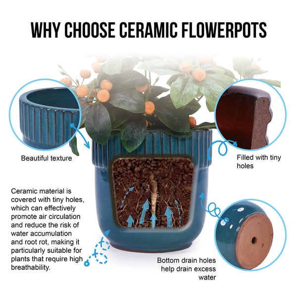 English Elm 3 Pieces Ceramic Flowerpot Set – Handcrafted Antique Blue Planters For Garden, Patio & Home Décor W3273P321474