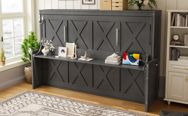 English Elm Full Murphy Bed with Fold Down Desk Led Lighting and Usb Port for Studio Spaces Dark Gray W1580S00455