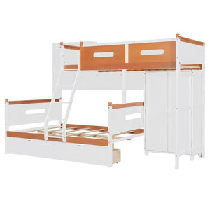 English Elm Twin Over Full Wooden Bunk Bed With Stylish Storage, Led Light, Drawers, And Wardrobe In White & Orange N820S00063K-GIGA