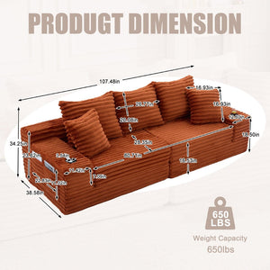 English Elm Oversized Corduroy Cloud Couch Convertible Sleeper Sofa with Memory Foam Seating Orange W395S00122