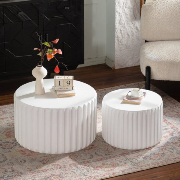 English Elm Black Scalloped Nesting Coffee Tables Matte Sculptural Oval Set for Modern Living Rooms Cream White W3081P389060