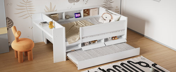 English Elm Multi-functional Twin Daybed with Trundle Desk Usb Charging Pine Wood Storage GX000462AAK
