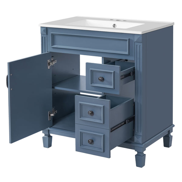 English Elm 30" French-Inspired Bathroom Vanity With Ceramic Sink, Soft-Close Drawers & Elegant Storage Solutions N710P323323C