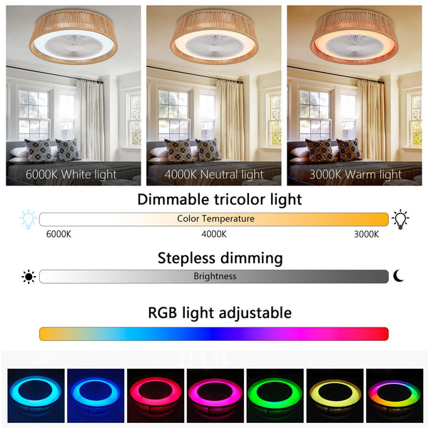 English Elm 21" Modern Rustic Ceiling Fan Light with Rope Woven Shade, LED RGB Dimmable, Quiet DC Motor, Remote Control W1340P246413