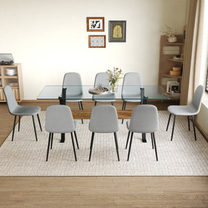 English Elm Table 9-Piece Modern Dining Set With Glass Top, X-Shaped Metal Legs & Comfortable Gray Chairs W1151S03605-GIGA
