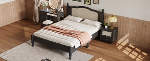 English Elm Queen Arched Rattan Headboard Platform Bed Matte Pine Frame No Box Spring Needed Black N733P180013B