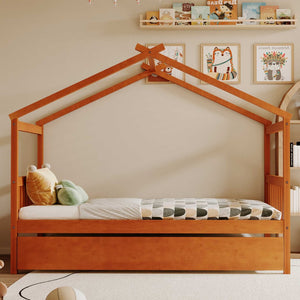 English Elm Twin House Bed with Pull Out Trundle Solid Pine Wood Frame Walnut Kids Room N708P309238L