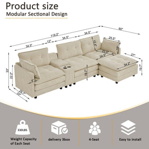 English Elm 119" Tufted Corduroy L-shaped Sectional with Ottoman Console Usb Charging 4 Seat Beige W1998S00100