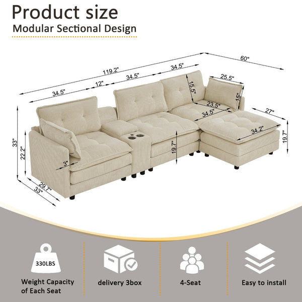 English Elm 119" Tufted Corduroy L-shaped Sectional with Ottoman Console Usb Charging 4 Seat Beige W1998S00100