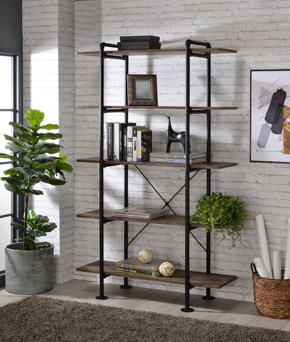English Elm Nefo Rustic Oak Bookshelf with Black Metal Base - 5-Tier Industrial Water Pipe Style Storage, Durable B2726P252327