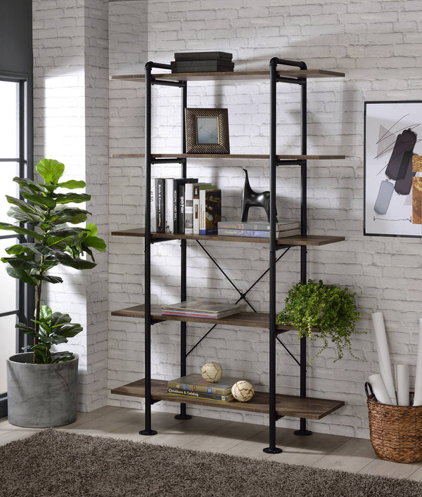 English Elm Nefo Rustic Oak Bookshelf with Black Metal Base - 5-Tier Industrial Water Pipe Style Storage, Durable B2726P252327