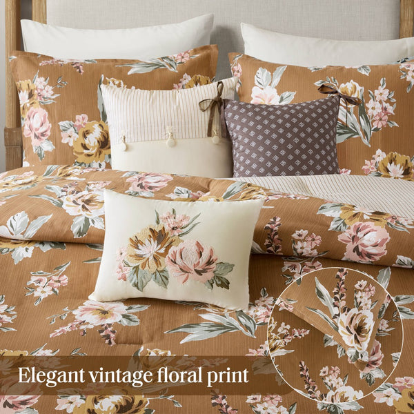 English Elm 7-piece Cal King Vintage Floral Comforter Set with Slub Cotton Reversible Stripe B035P440211