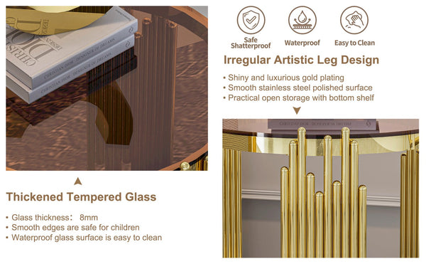 English Elm 19.69inch Gold Round Coffee Table with Crown Frame, 8mm Tempered Glass, Stainless Steel Base, Chic Storage Dark Brown W1550P171522