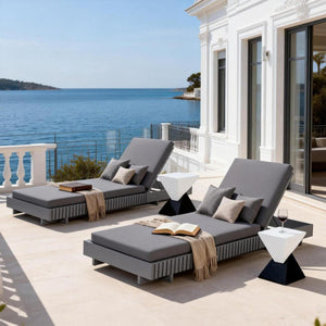 English Elm Modern Acacia Wood Outdoor Chaise Lounge Slatted Reclining Poolside Sun Chair Dark Grey N770P281696G_N770P208326G