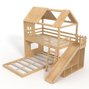English Elm Twin Over Full Playhouse Bunk Bed with Slide Ladder Storage Shelves and Wardrobe W5305S00040